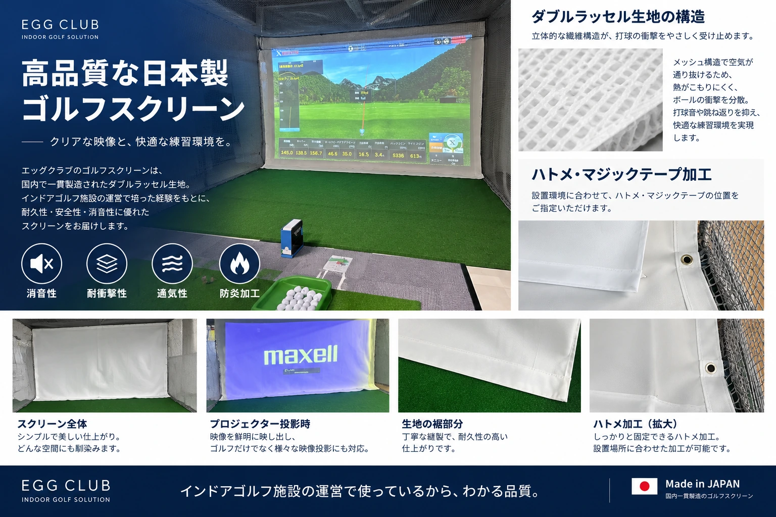 日本製ゴルフスクリーンの製品紹介。生地の構造、ハトメ・マジックテープ加工と使用例。